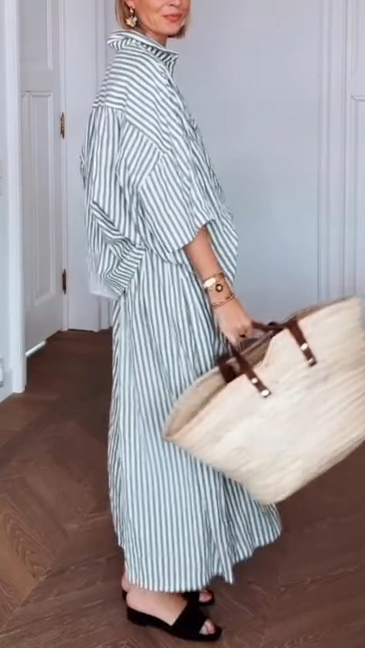 Ladies' Collar Vertical Striped Shirt+ Pants Casual Set