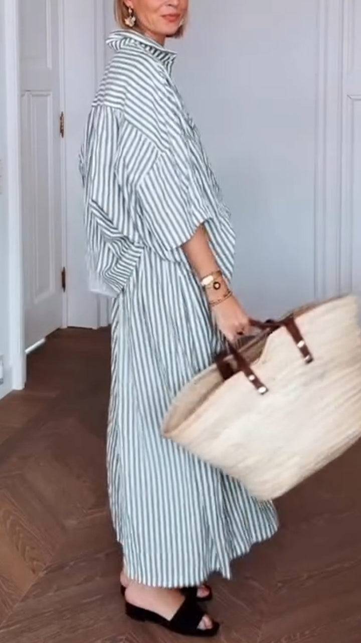 Ladies' Collar Vertical Striped Shirt+ Pants Casual Set - MATCHING MASTER