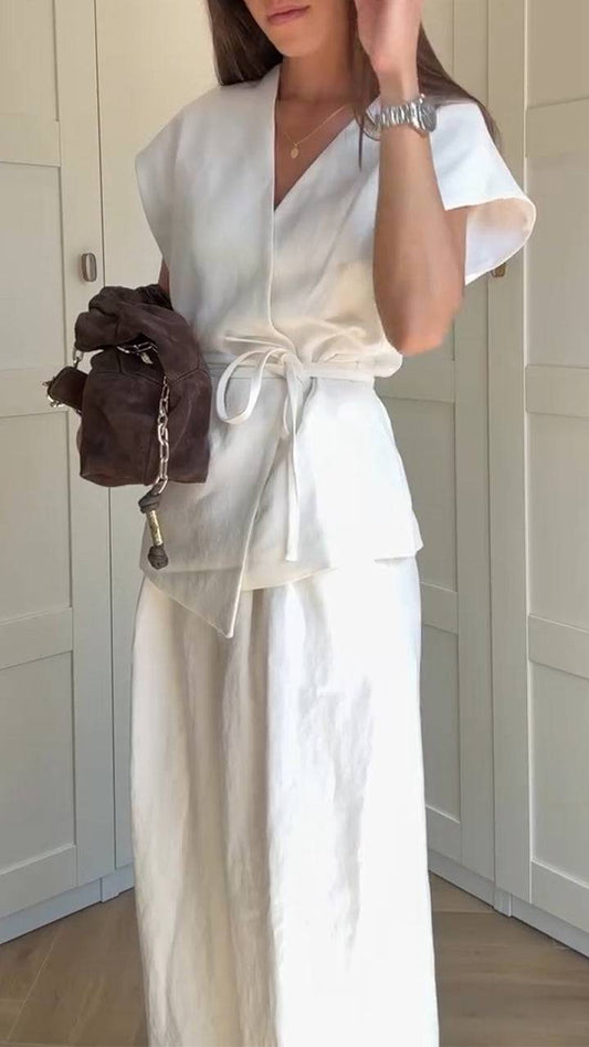 Ladies' V-neck Waist Cinched Top+ Pants Solid Color Temperament Casual Suit - MATCHING MASTER