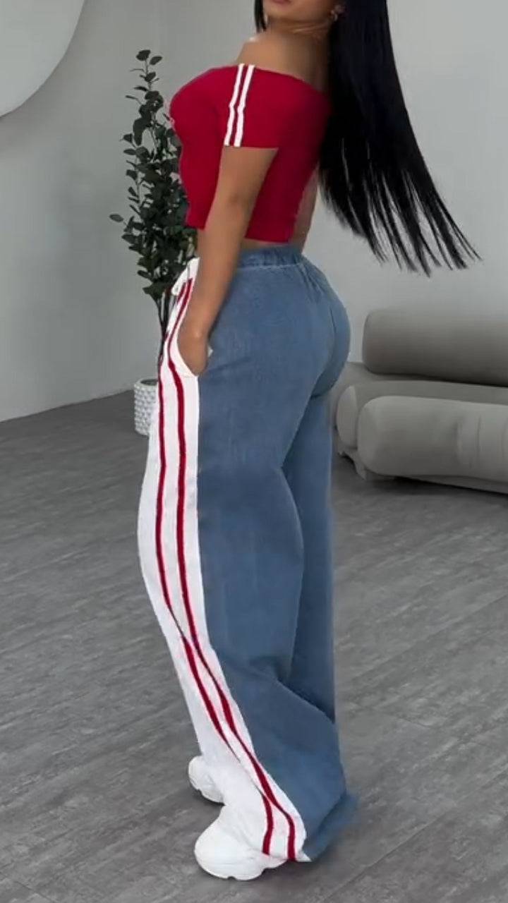 Ladies' One Word Collar Printed Letter Top+ Vertical Pattern Splicing Pants Casual Set - MATCHING MASTER