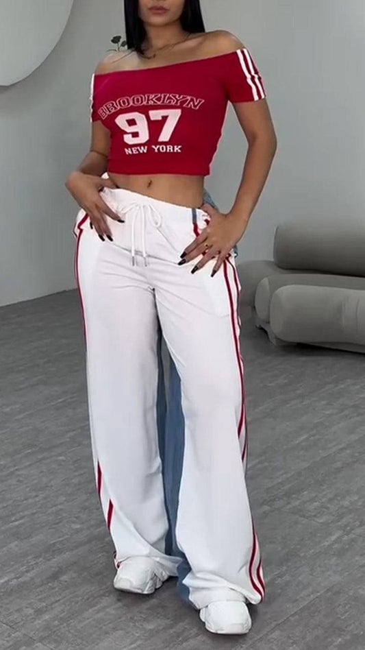 Ladies' One Word Collar Printed Letter Top+ Vertical Pattern Splicing Pants Casual Set - MATCHING MASTER