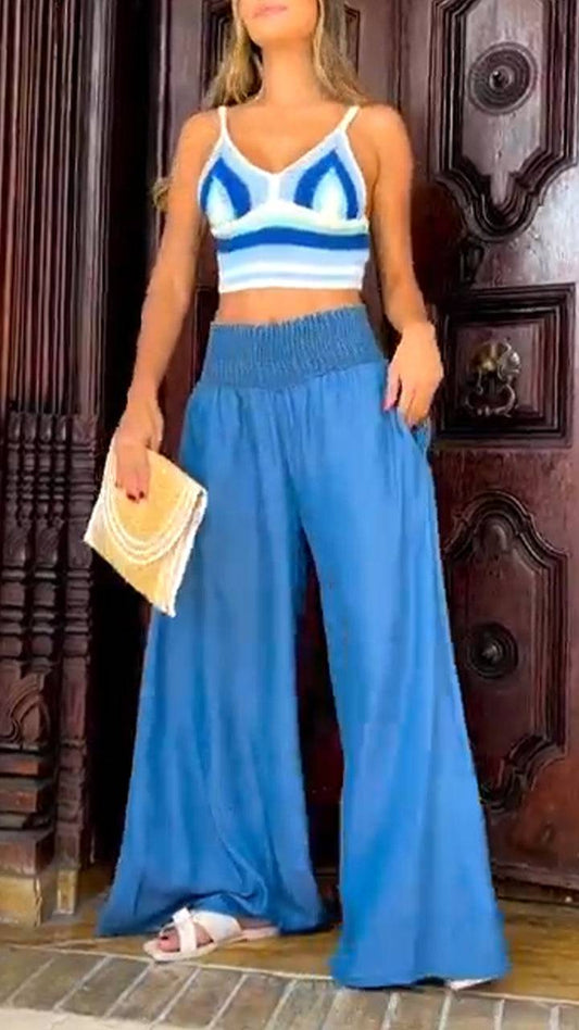 Ladies' Spaghetti Strap Striped Top+ Patchwork Pants Casual Set - MATCHING MASTER