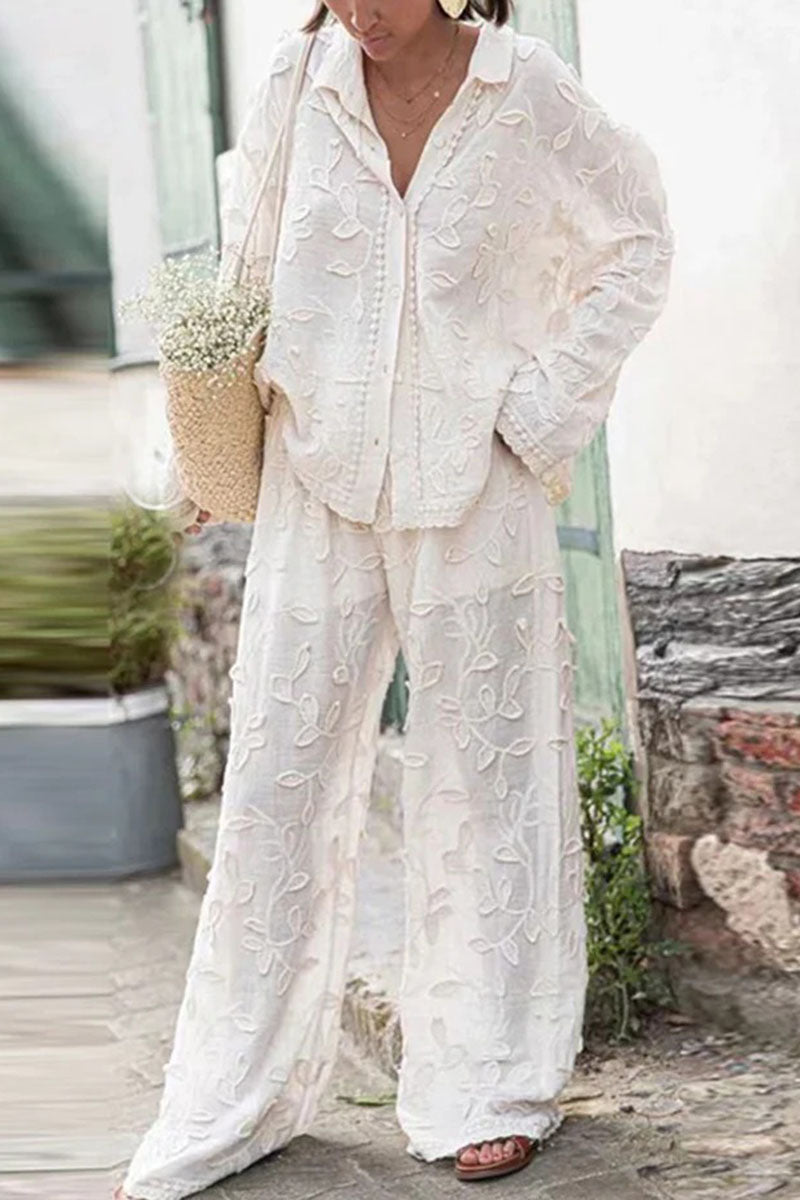 Women's Vacation Embroidered Shirt Wide Leg Pants Casual Two-piece Suit