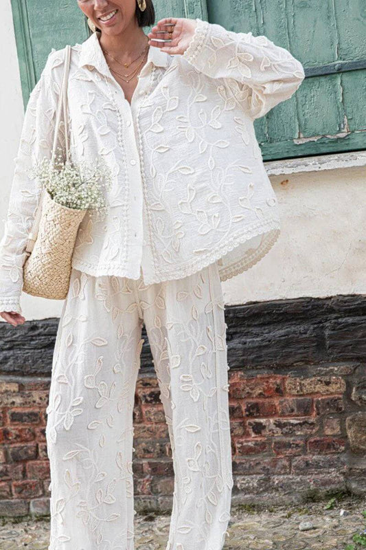 Women's Vacation Embroidered Shirt Wide Leg Pants Casual Two-piece Suit - MATCHING MASTER