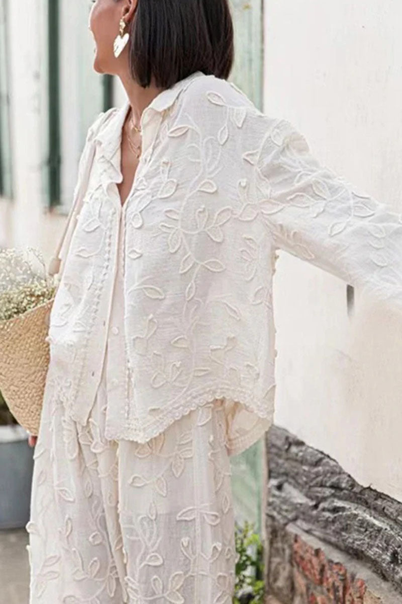 Women's Vacation Embroidered Shirt Wide Leg Pants Casual Two-piece Suit