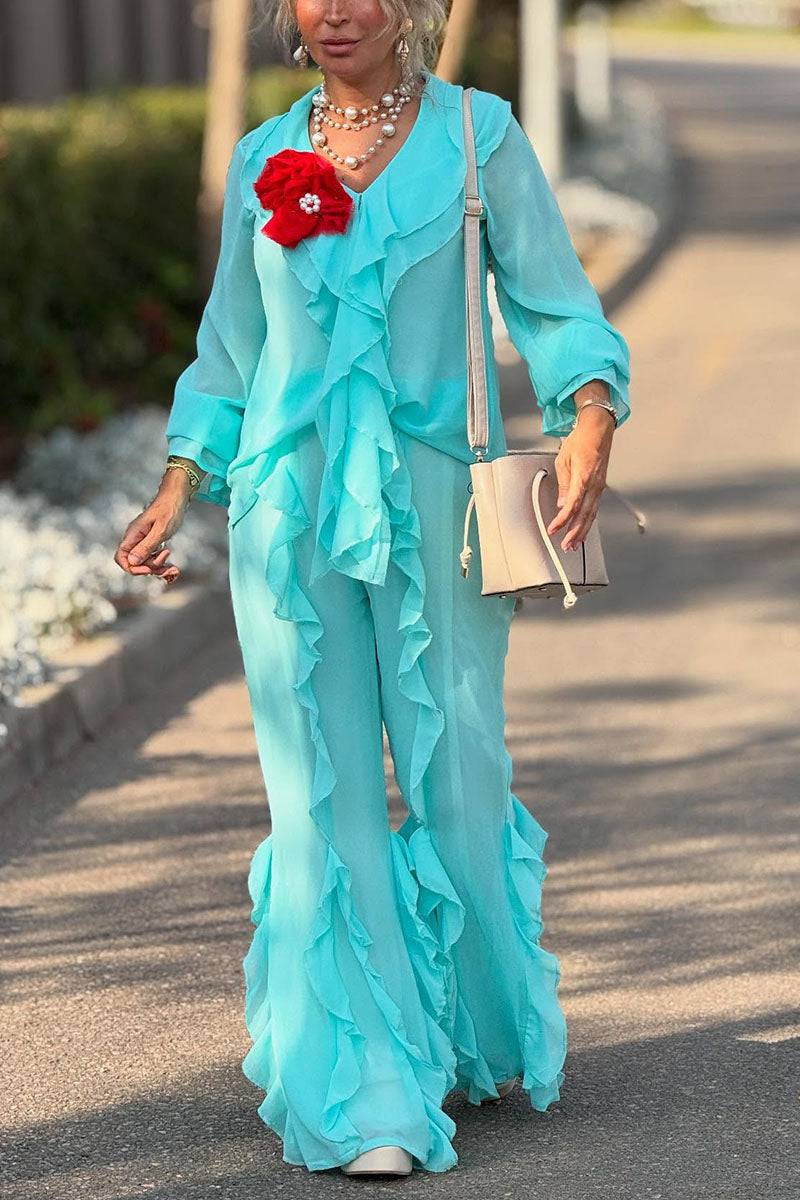 Women's Casual Ruffled V-Neck Long Sleeve Top Pants Two-Piece Set - MATCHING MASTER