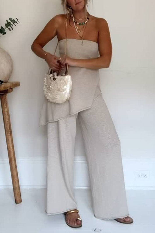 Women's Solid Color Casual Wrap Chest Irregular Hem Top Trousers Two-piece Set - MATCHING MASTER