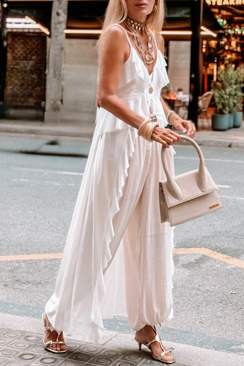 Women's Casual Vacation Ruffled Irregular Hem Suspender Top Wide Pants Two-piece Set