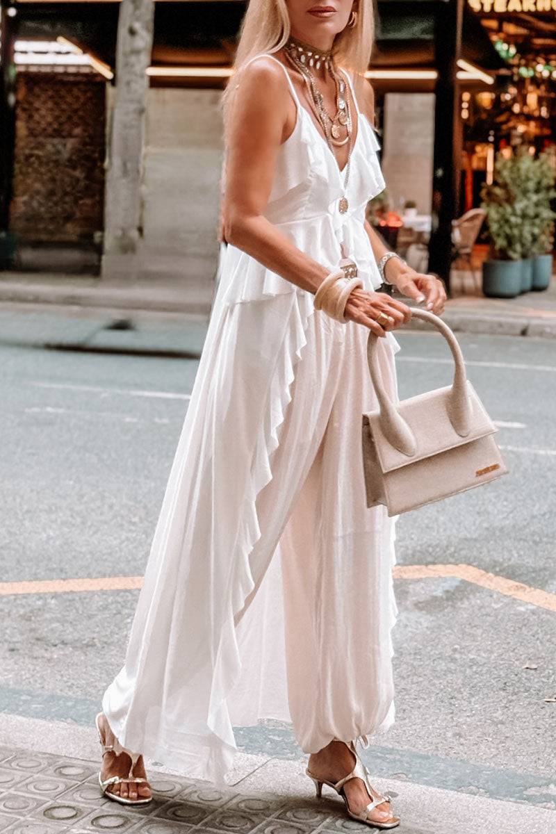 Women's Casual Vacation Ruffled Irregular Hem Suspender Top Wide Pants Two-piece Set - MATCHING MASTER