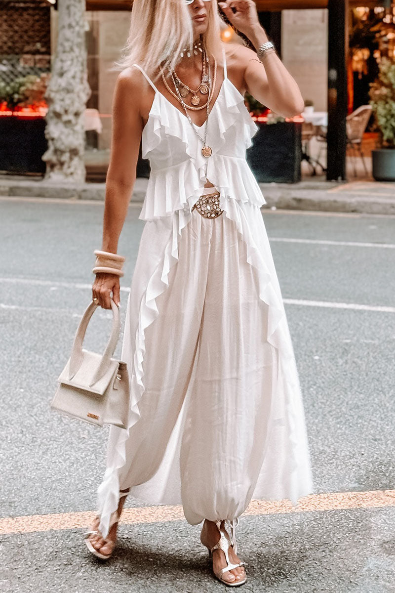 Women's Casual Vacation Ruffled Irregular Hem Suspender Top Wide Pants Two-piece Set
