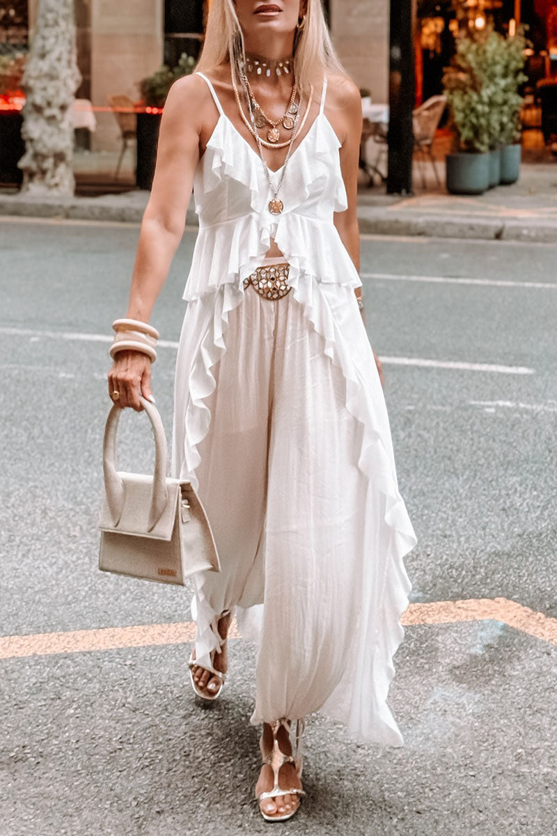 Women's Casual Vacation Ruffled Irregular Hem Suspender Top Wide Pants Two-piece Set