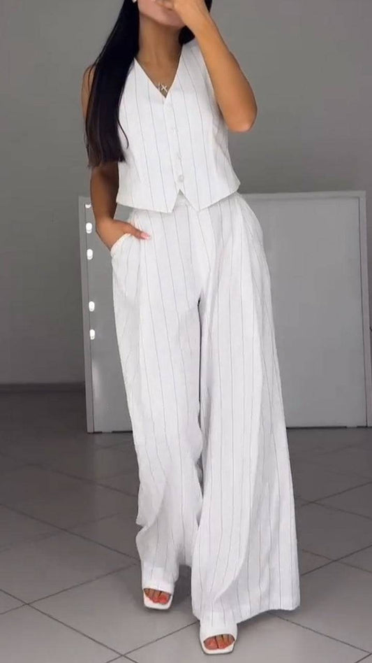 Ladies' V-neck Vertical Stripe Temperament Casual Suit - MATCHING MASTER