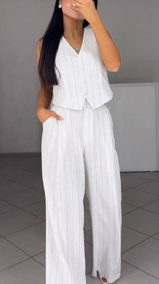 Ladies' V-neck Vertical Stripe Temperament Casual Suit - MATCHING MASTER