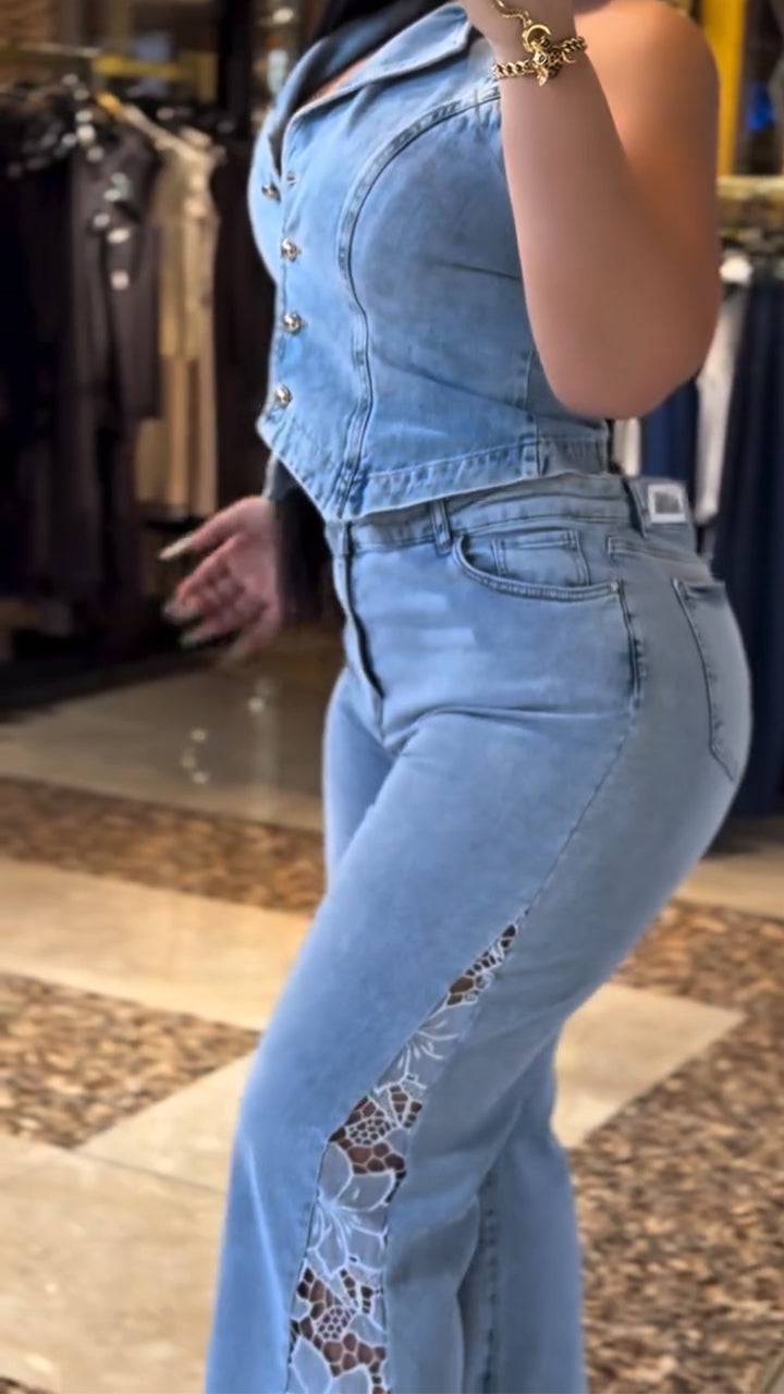 Ladies' Lapel and Buckle Spliced Top+ Printed Hollow Pants Casual Set - MATCHING MASTER