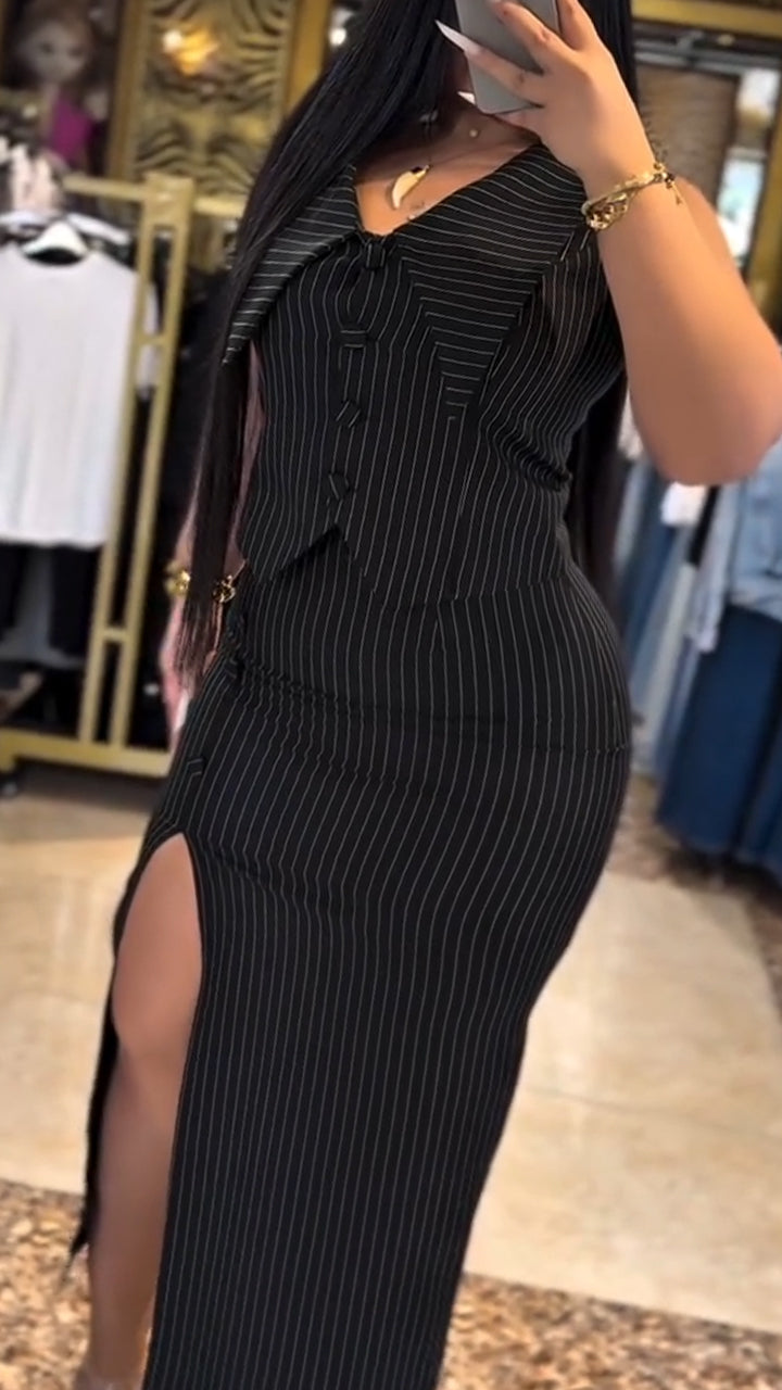 Ladies' Collar Vertical Stripe Top+ Split Skirt Casual Set
