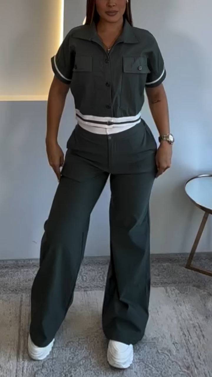 Ladies' Collar Spliced Top+ Pants with A Casual Temperament Suit - MATCHING MASTER