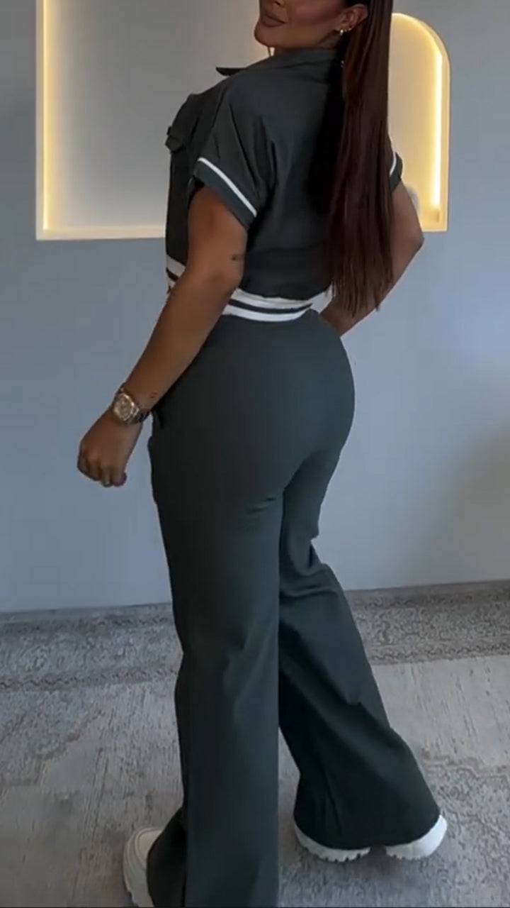 Ladies' Collar Spliced Top+ Pants with A Casual Temperament Suit - MATCHING MASTER