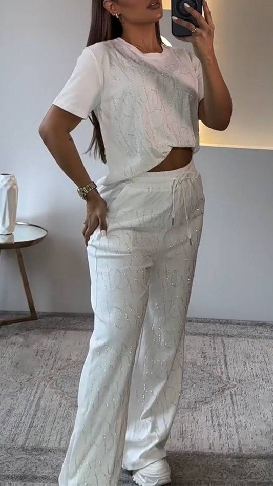 Ladies' Round Neck Rhinestone Solid Color Casual Set - MATCHING MASTER