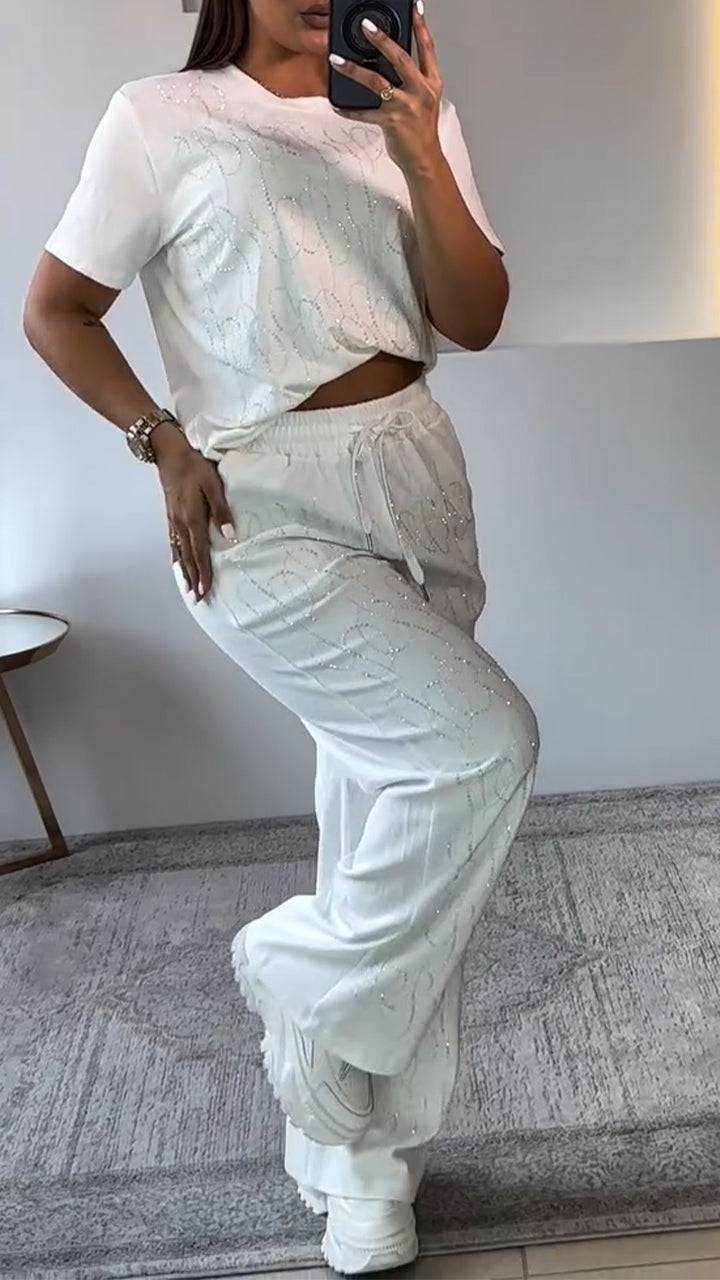 Ladies' Round Neck Rhinestone Solid Color Casual Set - MATCHING MASTER