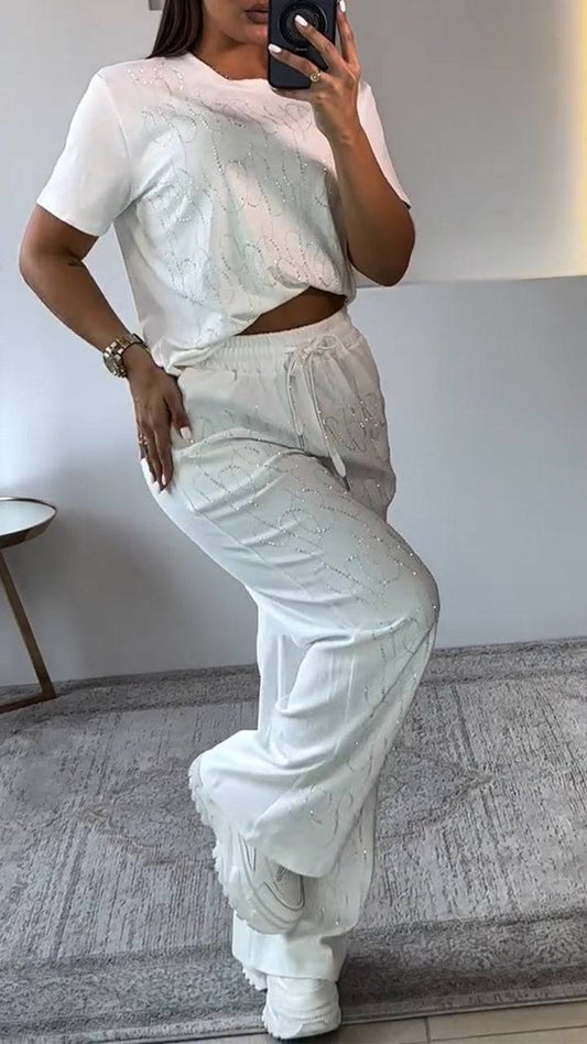 Ladies' Round Neck Rhinestone Solid Color Casual Set - MATCHING MASTER