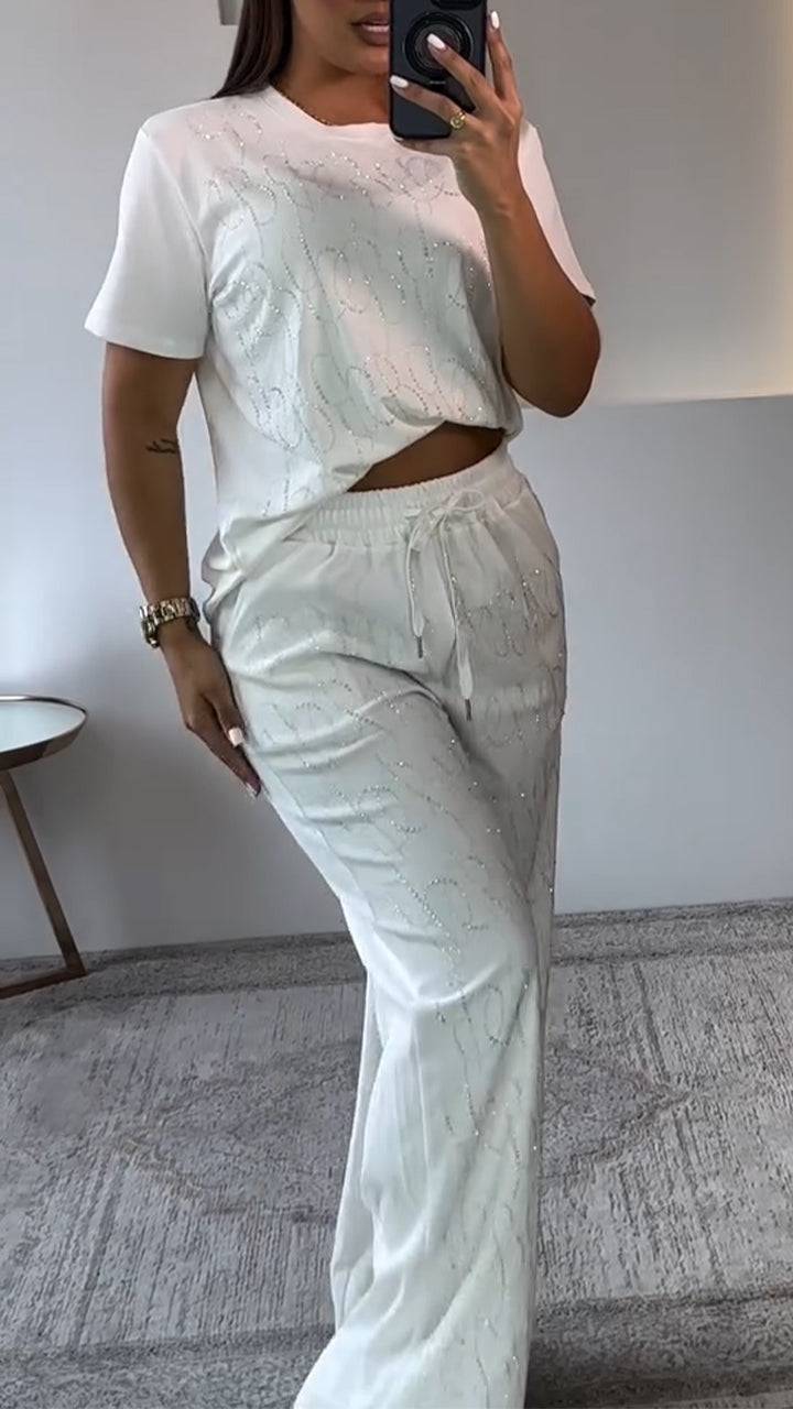 Ladies' Round Neck Rhinestone Solid Color Casual Set - MATCHING MASTER