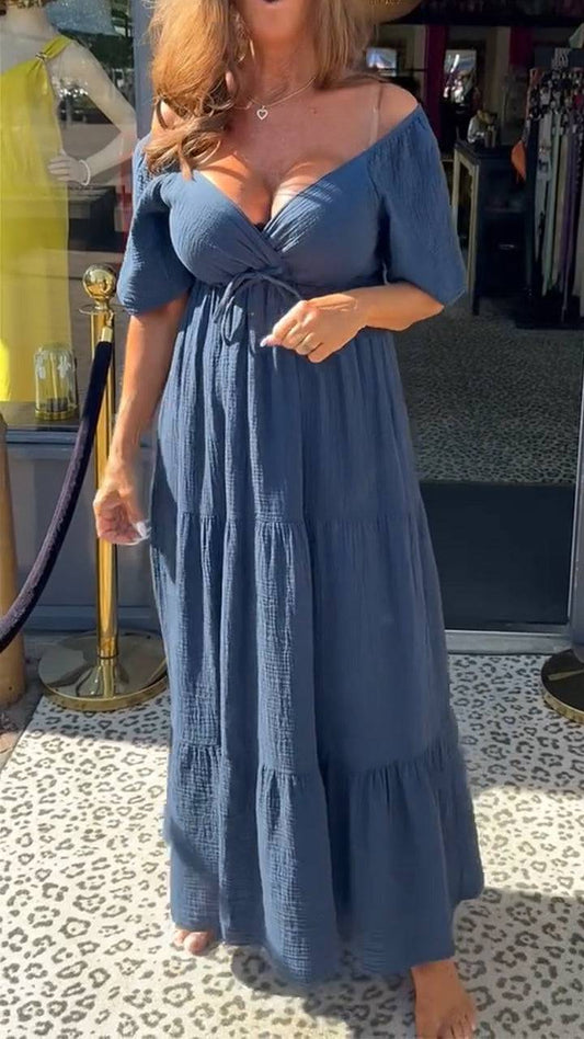 Ladies' Large V-neck Spliced Solid Color Casual Dress - MATCHING MASTER