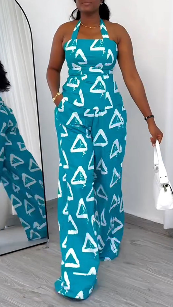Ladies' Neck Hanging Printed Triangle Top+ Pants Casual Set