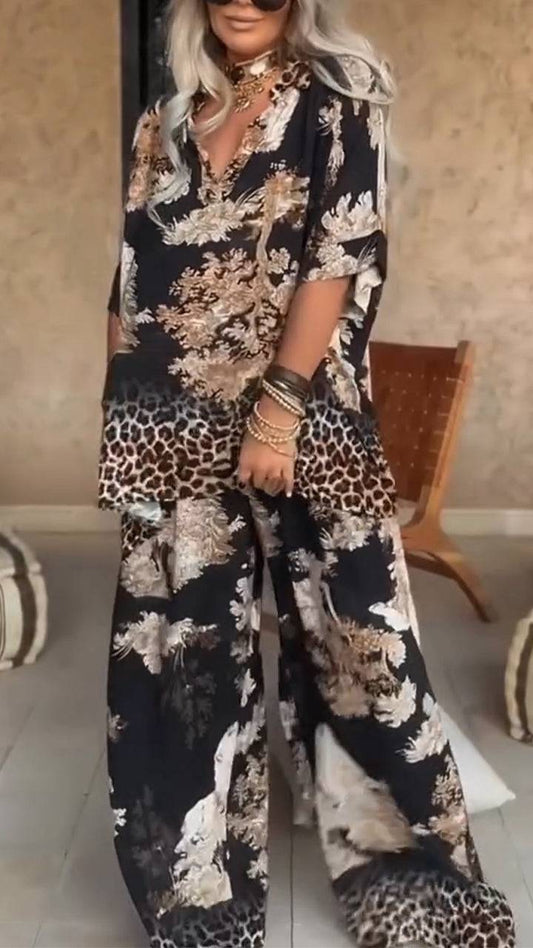 Women's V-neck Printed Top + Pants Loose Casual Suit - MATCHING MASTER