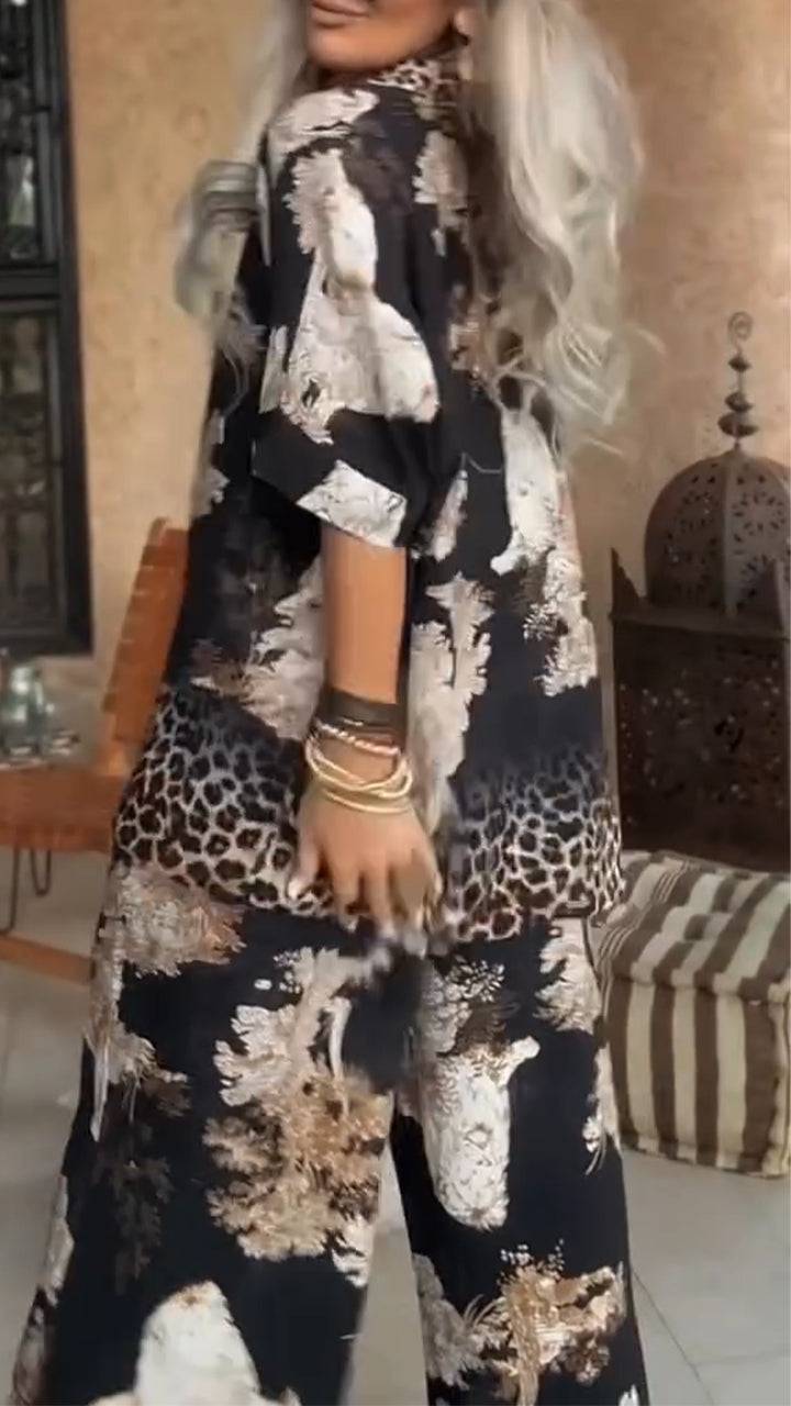 Women's V-neck Printed Top + Pants Loose Casual Suit - MATCHING MASTER