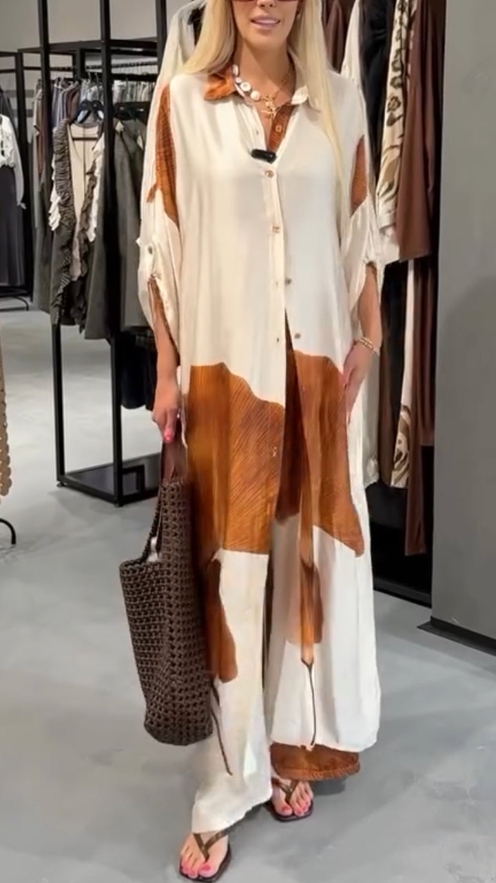 Women's Collar Printed Long Top+ Pants Loose Casual Suit