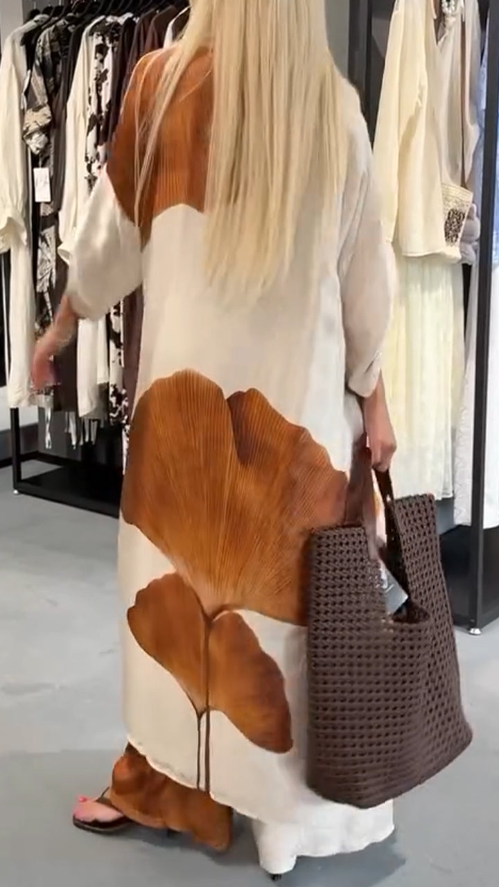 Women's Collar Printed Long Top+ Pants Loose Casual Suit