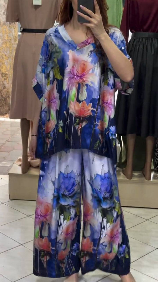 Ladies' V-neck Painted Printed Top + Pants Loose Casual Suit - MATCHING MASTER