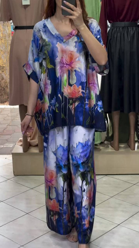 Ladies' V-neck Painted Printed Top + Pants Loose Casual Suit - MATCHING MASTER