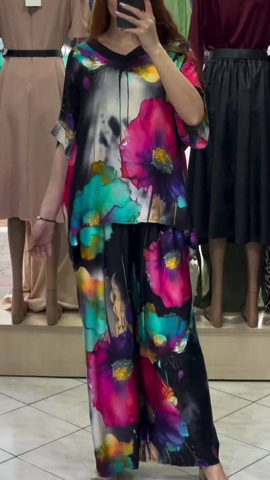 Ladies' V-neck Printed Top + Pants Loose Casual Suit - MATCHING MASTER