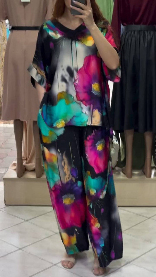 Ladies' V-neck Printed Top + Pants Loose Casual Suit - MATCHING MASTER