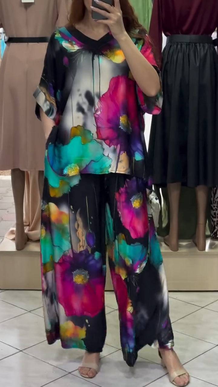 Ladies' V-neck Printed Top + Pants Loose Casual Suit - MATCHING MASTER