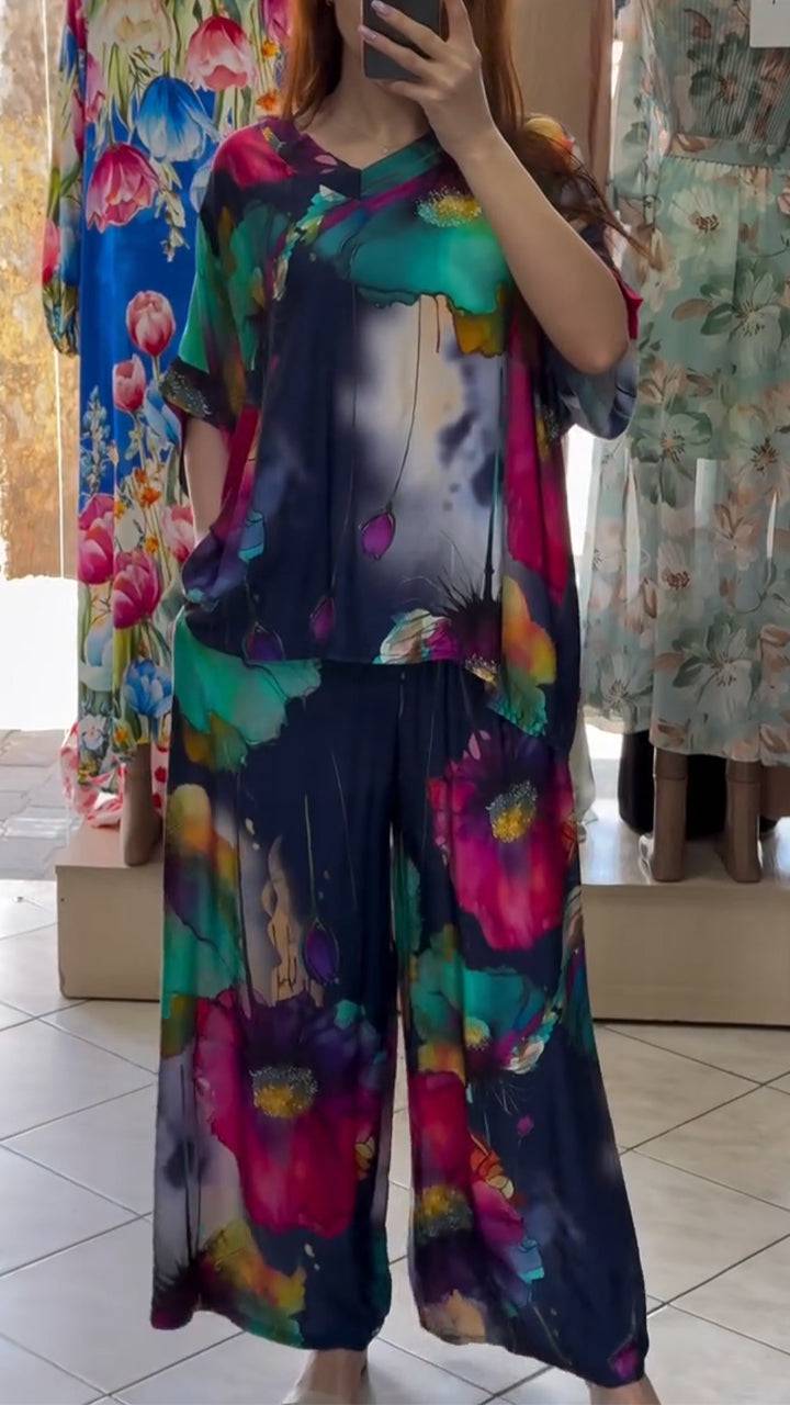 Ladies' V-neck Printed Top + Pants Loose Casual Suit - MATCHING MASTER