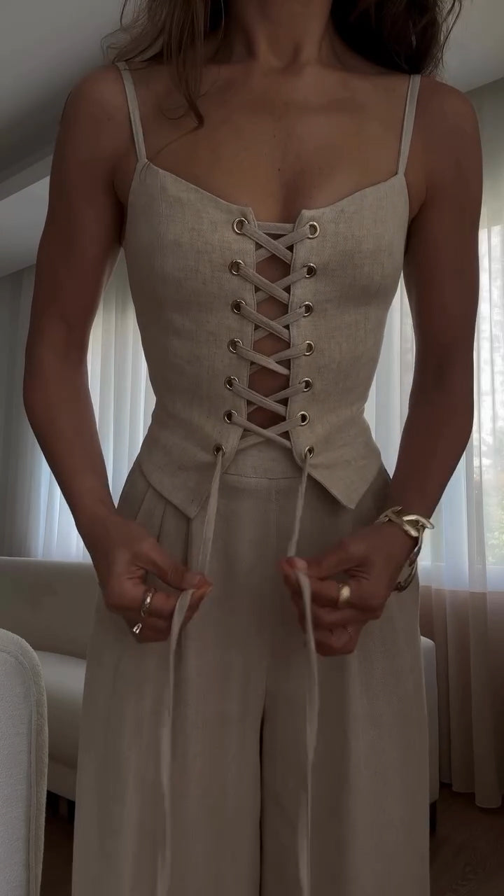 Women's Eyelet Strap Top + Trousers Casual Suit