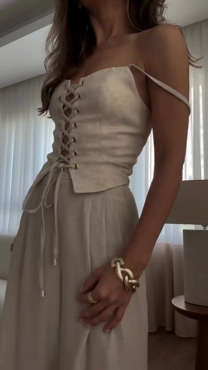 Women's Eyelet Strap Top + Trousers Casual Suit