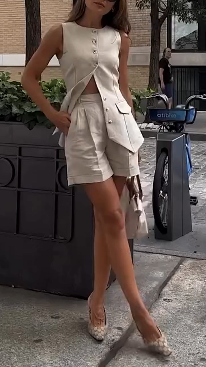 Women's Round Neck Button Vest Top + Shorts Casual Suit