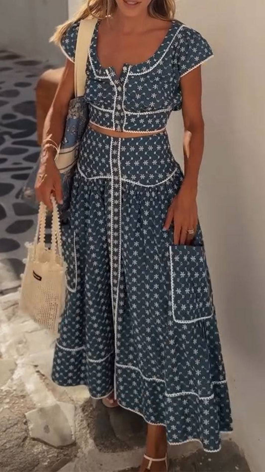 Ladies' Large U Collar Splicing Printed Casual Set - MATCHING MASTER