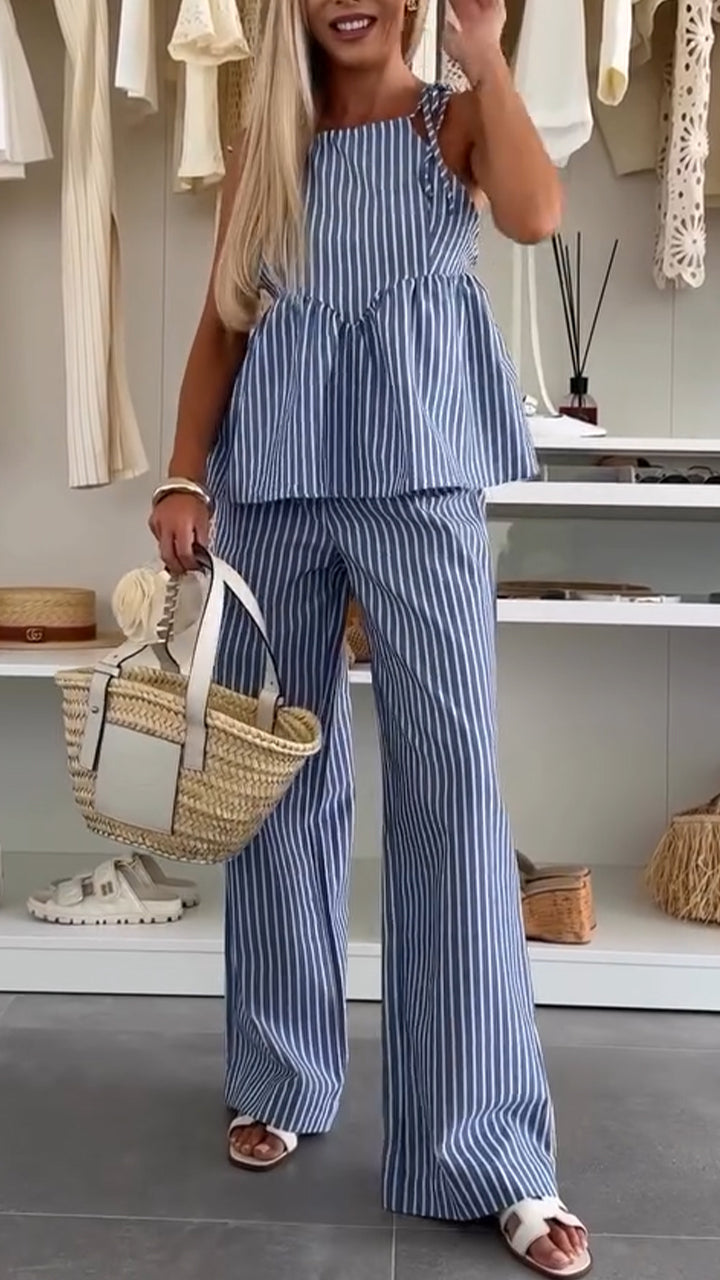 Ladies' Spaghetti Strap Hollowed Out Vertical Stripe Top+ Pants Casual Suit
