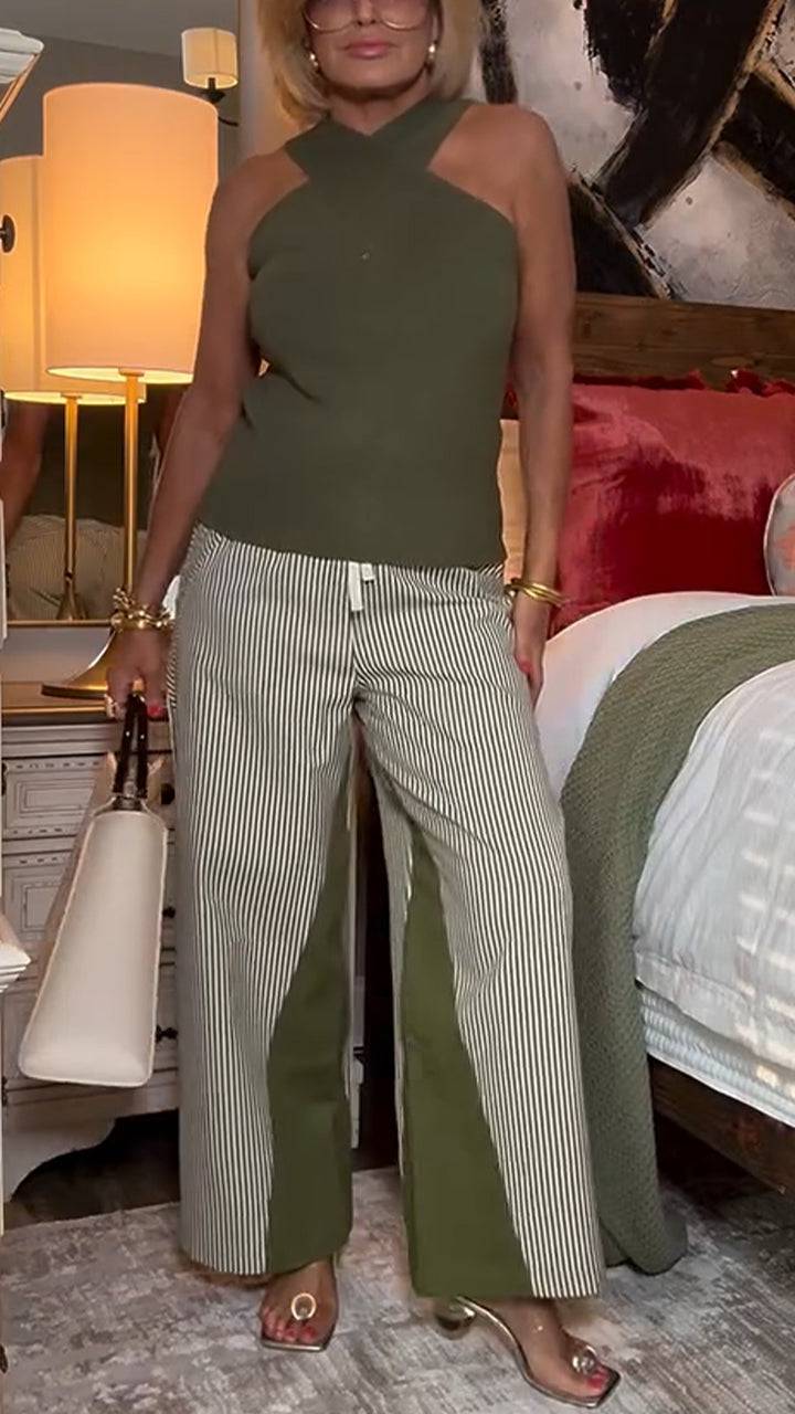 Ladies' Cross Neckline Top+ Striped Patchwork Pants Casual Set - MATCHING MASTER