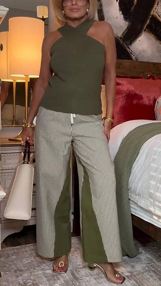 Ladies' Cross Neckline Top+ Striped Patchwork Pants Casual Set - MATCHING MASTER