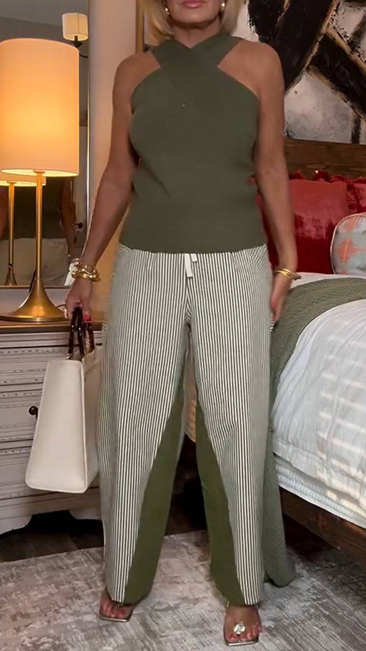 Ladies' Cross Neckline Top+ Striped Patchwork Pants Casual Set - MATCHING MASTER