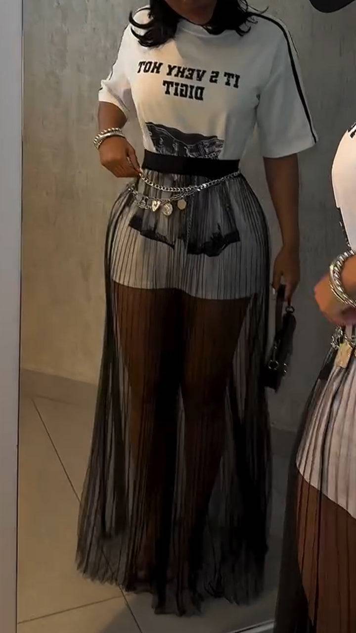 Ladies' Round Neck Printed T-shirt+ Mesh Skirt Casual Set