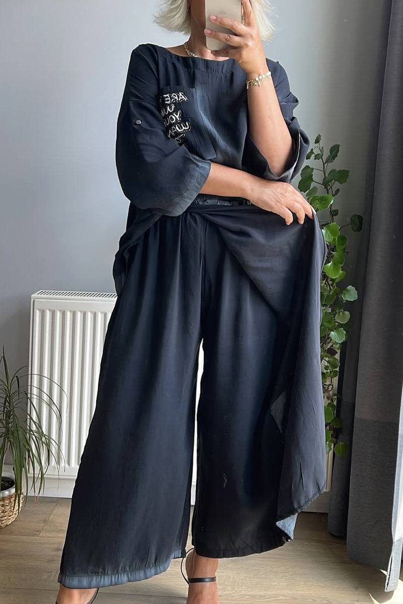 Ladies' Round Neck Printed Letter Top+ Spliced Fake Two-piece Pants Casual Set - MATCHING MASTER