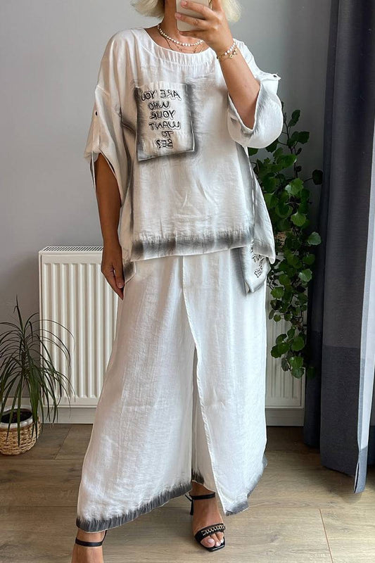 Ladies' Round Neck Printed Letter Top+ Spliced Fake Two-piece Pants Casual Set - MATCHING MASTER