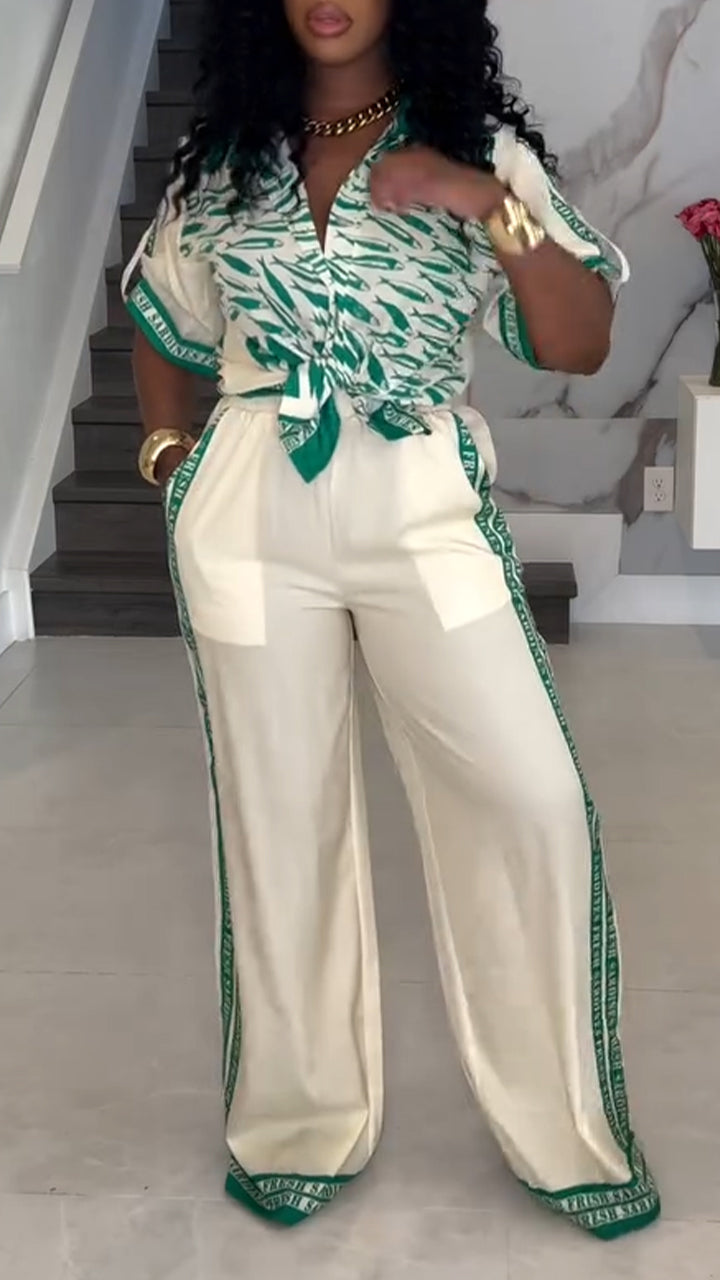 Ladies' Collar Printed Top+ Vertical Striped Pants Casual Suit