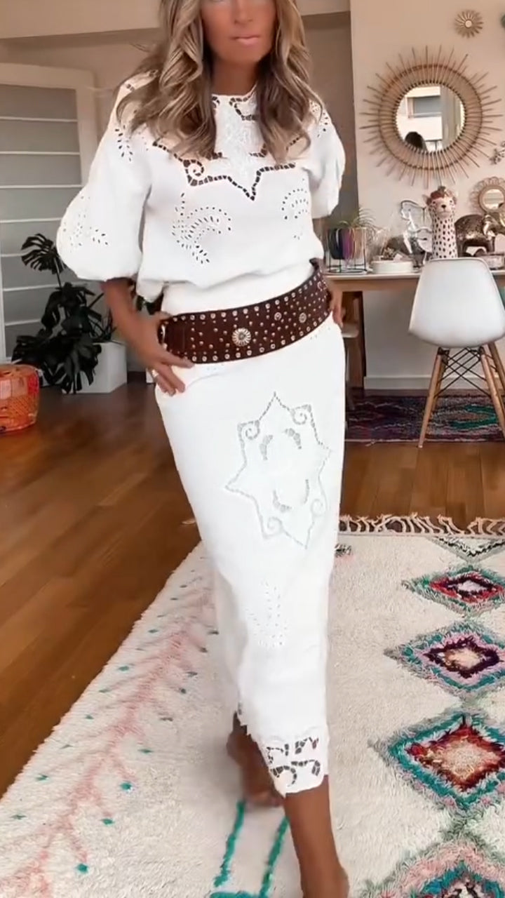 Ladies' Round Neck Printed Hollow Top+ Half Skirt Casual Suit